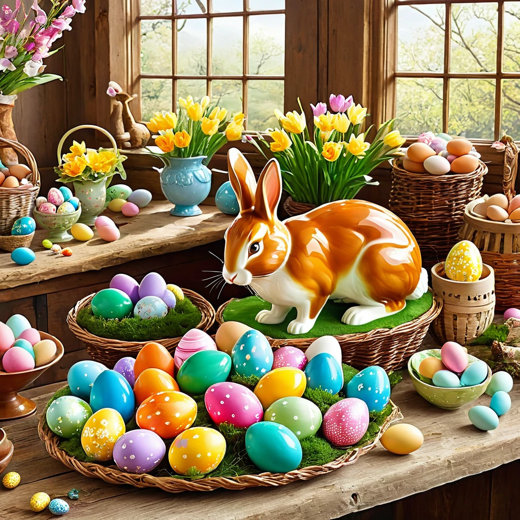 Create an enchanting scene inside the Easter Bunny's workshop, where colorful eggs are being hand-painted and filled with surprises