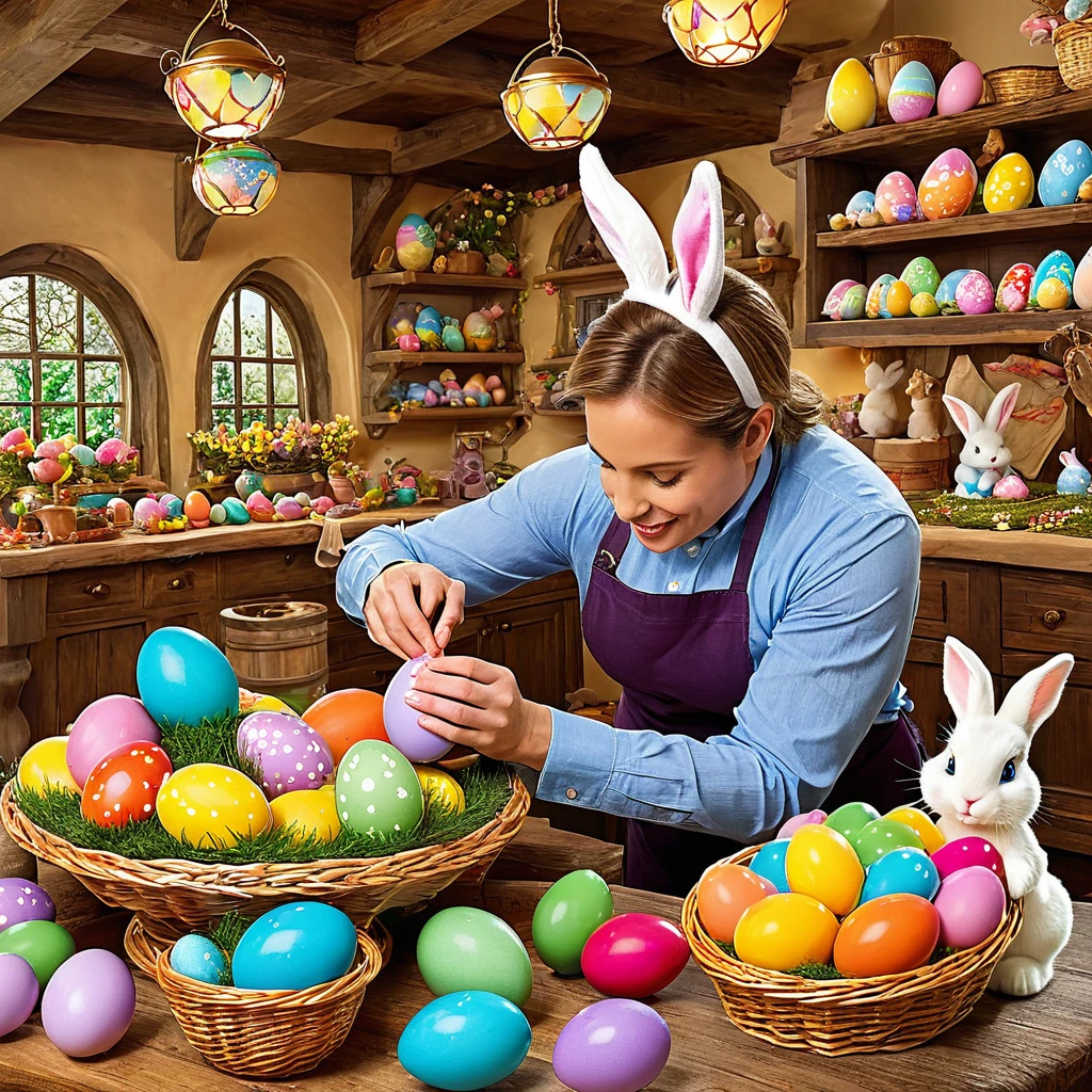 Create an enchanting scene inside the Easter Bunny's workshop, where colorful eggs are being hand-painted and filled with surprises