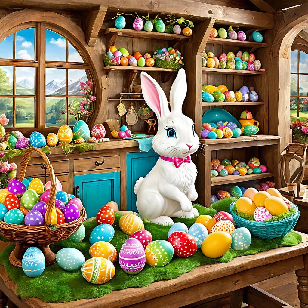 Create an enchanting scene inside the Easter Bunny's workshop, where colorful eggs are being hand-painted and filled with surprises