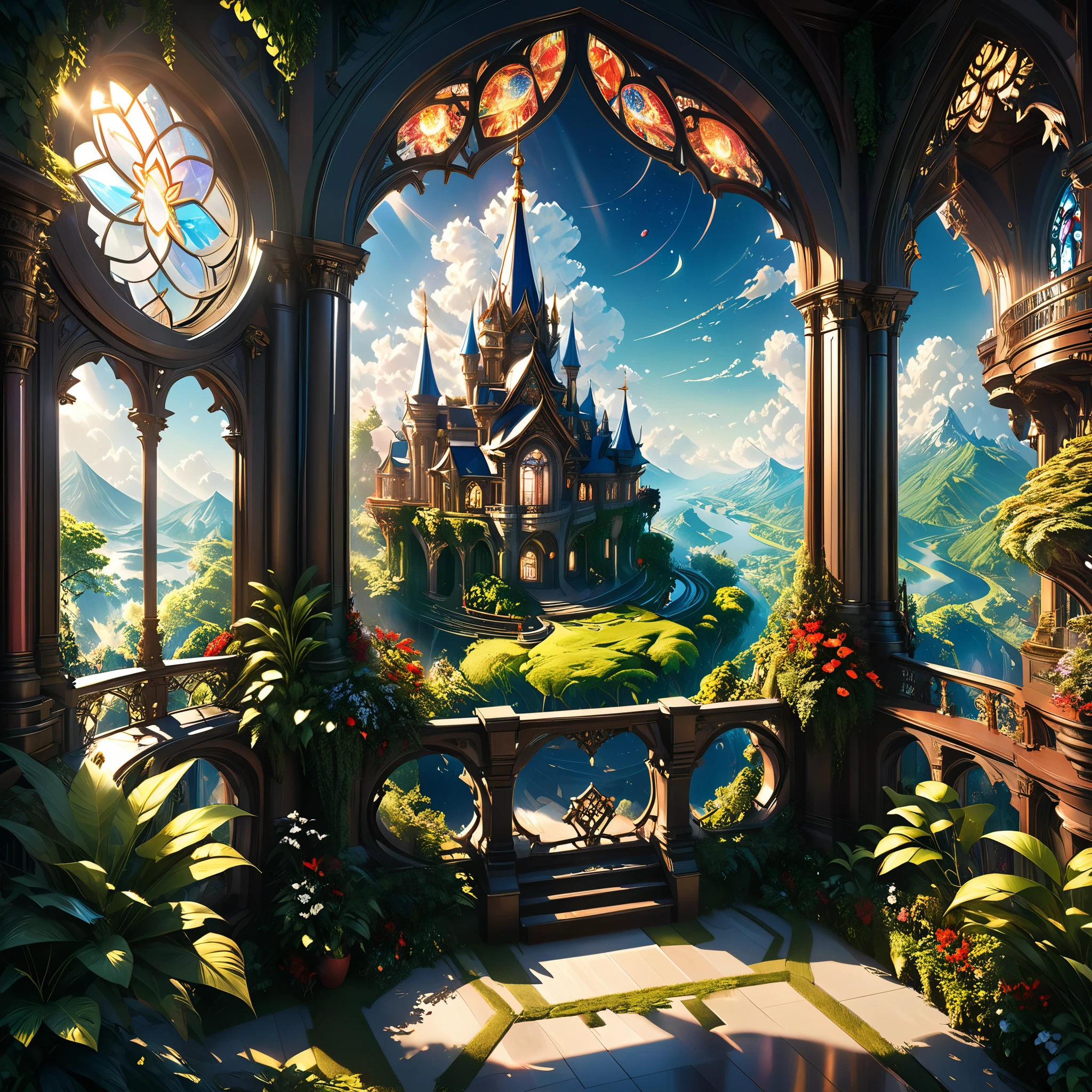a magnificent floating royal castle in the sky, a huge astronomical telescope on the balcony, ornate architecture, highly detailed, intricate carvings and decorations, glowing crystals, sunlight streaming through stained glass windows, overflowing gardens, lush greenery, (best quality,4k,8k,highres,masterpiece:1.2),ultra-detailed,(realistic,photorealistic,photo-realistic:1.37),detailed lighting, dramatic shadows, vibrant colors, fantasy, digital art, concept art
