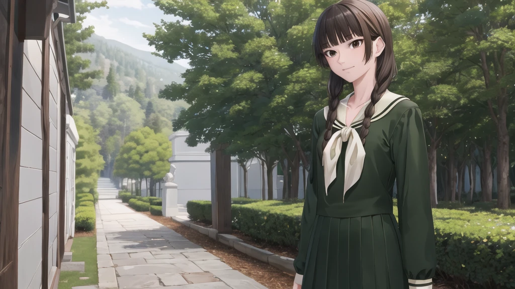 , masterpiece, Highest quality, High resolution, aayoshino, Slender figure, Sickly, skin color is fair, whole body, White Rose, Long Hair, Twin Blade, Brown eyes, Hair that falls over the shoulders, , Sailor collar, neckerchief, Green Shirt, One piece sailor shirt, Long sleeve, Green Skirt, Long skirt, Are standing, Cowboy Shot, Outdoor, White Rose庭園, Person on the right, Shining Face
