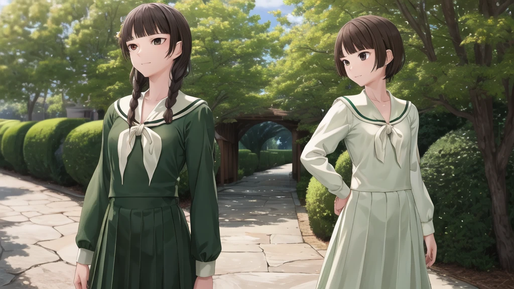 16 years old, masterpiece, Highest quality, High resolution, aayoshino, Slender figure, Sickly, skin color is fair, whole body, White Rose, Long Hair, Twin Blade, Brown eyes, Hair that falls over the shoulders, , Sailor collar, neckerchief, Green Shirt, One piece sailor shirt, Long sleeve, Green Skirt, Long skirt, Are standing, Cowboy Shot, Outdoor, White Rose庭園, Person on the right, Shining Face