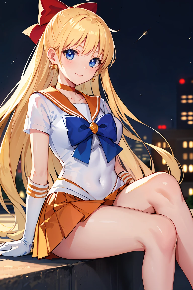 masterpiece, Highest quality, High resolution, Venus 1, One girl, alone, Sailor Warrior Uniforms, Sailor Venus, aino minako, Blonde, Magical girl, blue eyes, Orange Skirt, Elbow hand pockets, tiara, Pleated skirt, Hair Ribbon, Orange sailor collar, mini skirt, choker, Red Bow, orange choker, White gloves, Very long hair,  jewelry,  Earrings, Sitting, Crossing your legs,Background is a park at night,smile