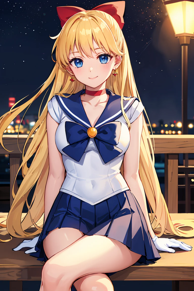 masterpiece, Highest quality, High resolution, Venus 1, One girl, alone, Sailor Warrior Uniforms, Sailor Venus, aino minako, Blonde, Magical girl, blue eyes, Orange Skirt, Elbow hand pockets, tiara, Pleated skirt, Hair Ribbon, Orange sailor collar, mini skirt, choker, Red Bow, orange choker, White gloves, Very long hair, jewelry, Earrings, Sitting, Crossing your legs,Background is a park at night,smile