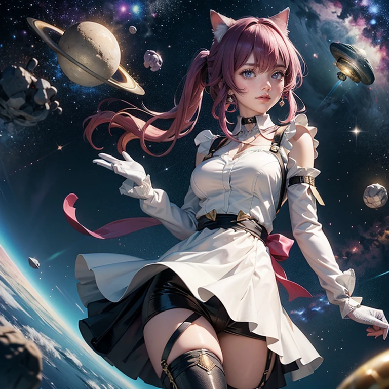 Kafka_(honkai: star rail), medium hair, flowing hair, floating hair, ornament hair, perfectly body, perfectly hands, maid tiara on hair, maid, maid dress, maid headdress, maid apron, white apron, white apron, white headdress, 1girl, white maid dress, jewelry, pigtails hair, flowing hair, long hair, maid dress with a short skirt and layers, white laces, white boots, white dress with transparency, gold details on her clothes, cat ears, animal ears,  more details, perfectly body, perfectly hands, two hands, two legs, two arms, five fingers, glowing hair, best quality, cat ears, animal ears, tail ornament, tail bow, white gloves, two cat tail, white gloves, alone, maid headdress, choker, detached sleeves, maid dress, maid white dress, strapless, masterpeice, best quality, detailed face, night, asymmetrical gloves, bangs, white short skirt , white gloves, white boots, earrings, elbow gloves, fishnet thighhighs, fishmasterpeice, solo, best quality, detailed face, gloves, magenta garter on her legs, hair between eyes, jewelry, medium hair, looking at viewer, single earring, sky, sleeveless, solo, thigh boots, thighhighs, tongue, tongue out, uneven gloves, cat ears, animal ears, cat tail, , solo, alone, Looking at the viewer, More details on the clothes, space scenery, maid, maid dress, magenta laces, maid headdress, maid apron, pigtails, long hair, seat on the Saturn rings, spider web details on her clothes, more details on her clothes, gold details on her clothes, space, smiling, standing her hand to a viewer, looking at the viewer, in the background a several asteroids glowing with fiery auras, Dramatic lighting from distant stars and planets illuminates the scene, looking at the vast and mysterious universe, cowboy shot, upper body portrait, more details, sparkle,