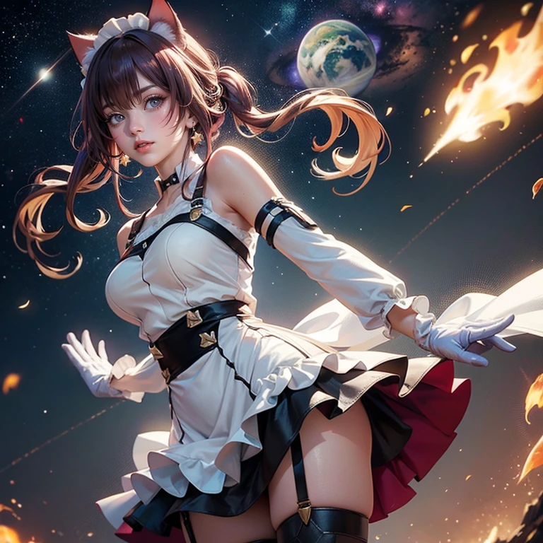 Kafka_(honkai: star rail), medium hair, flowing hair, floating hair, ornament hair, perfectly body, perfectly hands, maid tiara on hair, maid, maid dress, maid headdress, maid apron, white apron, white apron, white headdress, 1girl, white maid dress, jewelry, pigtails hair, flowing hair, long hair, maid dress with a short skirt and layers, white laces, white boots, white dress with transparency, gold details on her clothes, cat ears, animal ears, more details, perfectly body, perfectly hands, two hands, two legs, two arms, five fingers, glowing hair, best quality, cat ears, animal ears, tail ornament, tail bow, white gloves, two cat tail, white gloves, alone, maid headdress, choker, detached sleeves, maid dress, maid white dress, strapless, masterpeice, best quality, detailed face, night, asymmetrical gloves, bangs, white short skirt , white gloves, white boots, earrings, elbow gloves, fishnet thighhighs, fishmasterpeice, solo, best quality, detailed face, gloves, magenta garter on her legs, hair between eyes, jewelry, medium hair, looking at viewer, single earring, sky, sleeveless, solo, thigh boots, thighhighs, tongue, tongue out, uneven gloves, cat ears, animal ears, cat tail, , solo, alone, Looking at the viewer, More details on the clothes, space scenery, maid, maid dress, magenta laces, maid headdress, maid apron, pigtails, long hair, seat on the Saturn rings, spider web details on her clothes, more details on her clothes, gold details on her clothes, space, smiling, standing her hand to a viewer, looking at the viewer, in the background a several asteroids glowing with fiery auras, Dramatic lighting from distant stars and planets illuminates the scene, looking at the vast and mysterious universe, cowboy shot, upper body portrait, more details, sparkle,