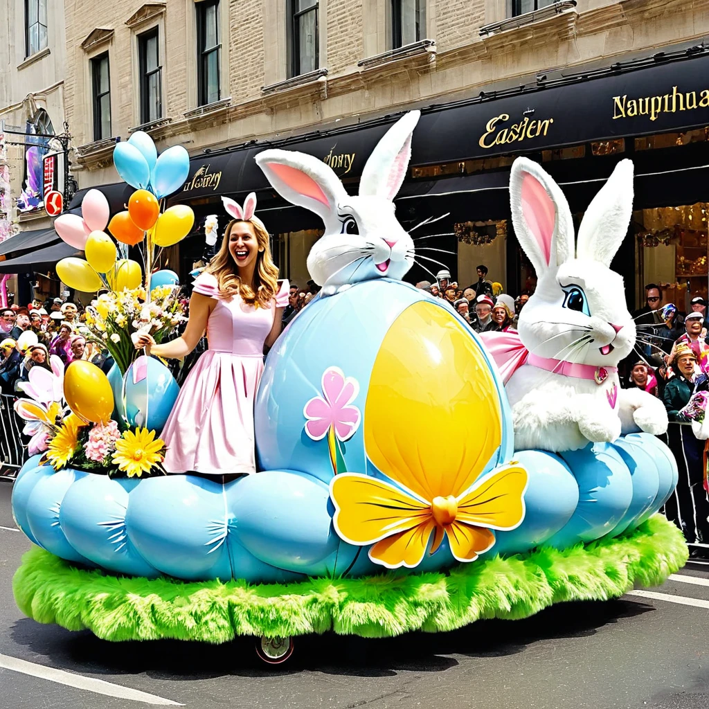 Design a lively Easter parade with people dressed in elegant pastel outfits, marching alongside giant Easter-themed floats