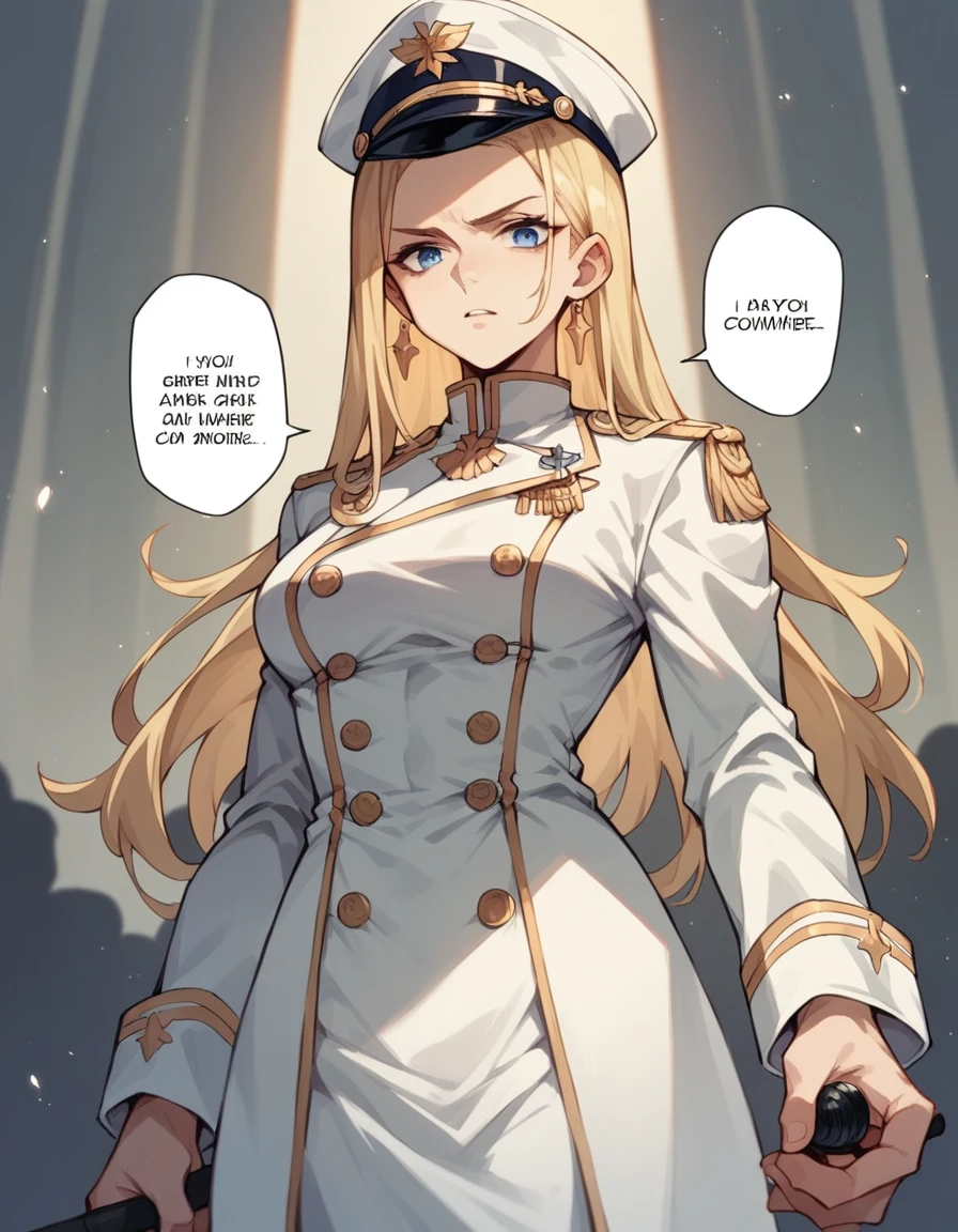 commander anime girl, white commander clothes, with white commander hat, white skirt, 18 years old, blonde hair, blue eyes, giving a speech in front of a podium, a normal microphone for her to speak in front of