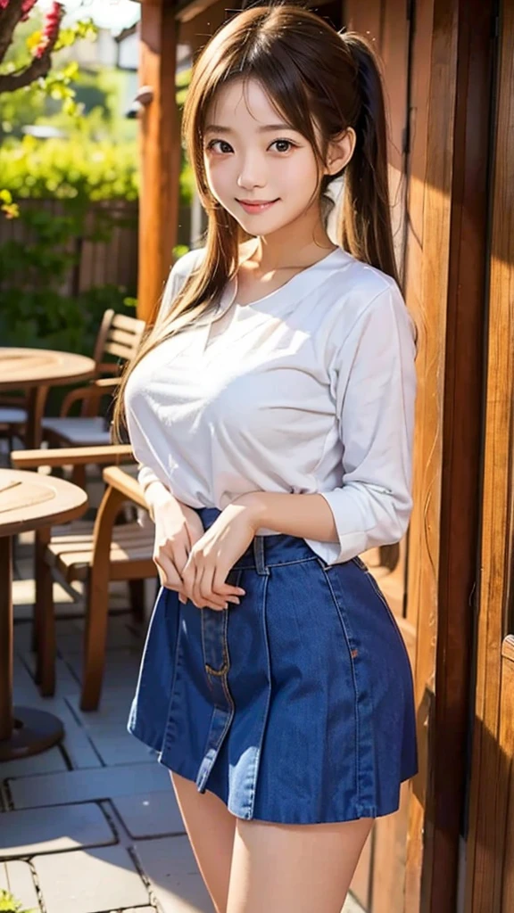 Highest quality、Highest quality、High resolution、、Young Japanese woman、One woman、one piece、Tight mini skirt、Beautiful legs、smile、Brown Hair、Ponytail, slightly larger breasts、Date、Blurred Background、garden、Sexy look、Sexy pose