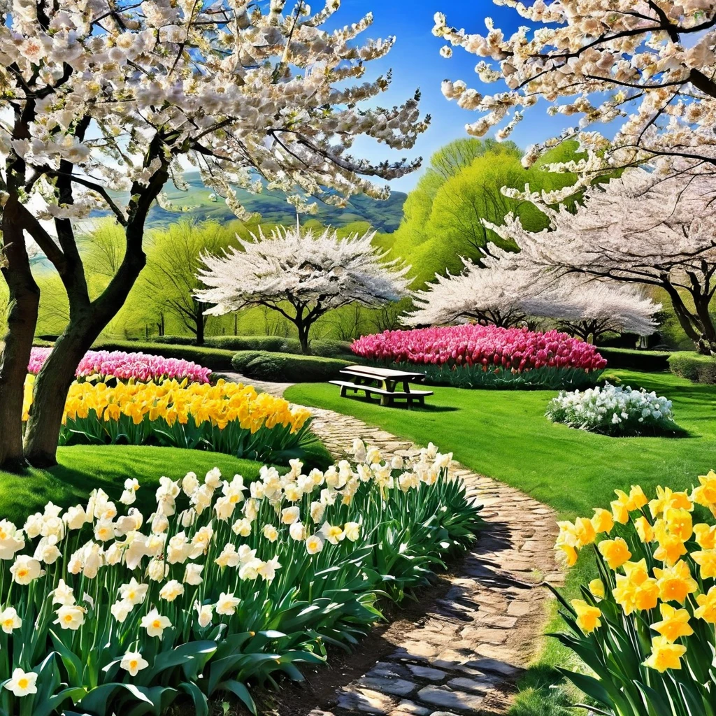 Generate a scene of springtime blossoms in full bloom, with cherry blossoms, daffodils, and tulips painting the landscape.