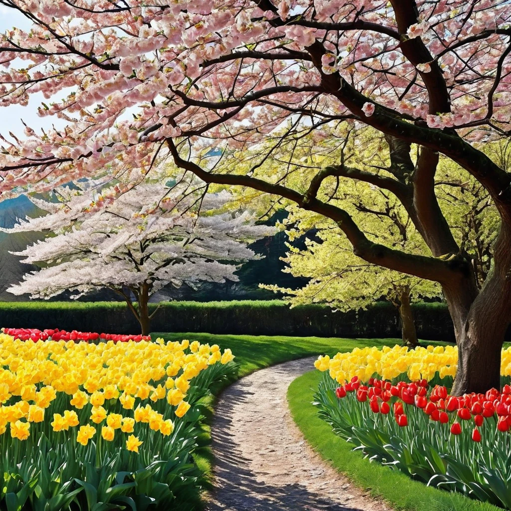 Generate a scene of springtime blossoms in full bloom, with cherry blossoms, daffodils, and tulips painting the landscape.