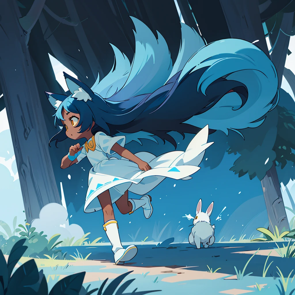 A dark-skinned black , little 11 year old, with long, voluminous blue hair, yellow eyes, a white dress and blue boots, with wolf ears and tail Make her run after a furry white rabbit