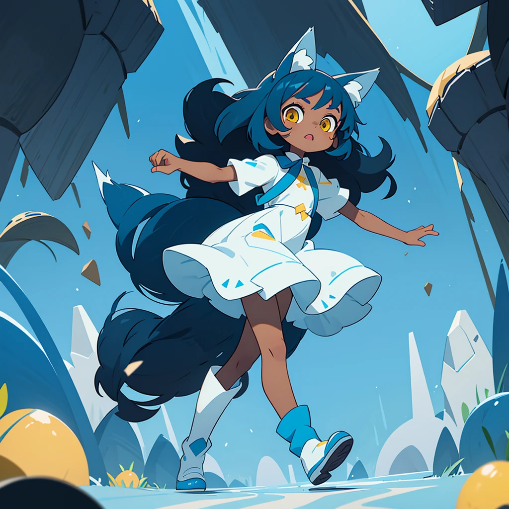 A dark-skinned black , little 11 year old, with long, voluminous blue hair, yellow  eyes, a white dress and blue boots, with wolf ears and tail Make her run after a furry white rabbit 