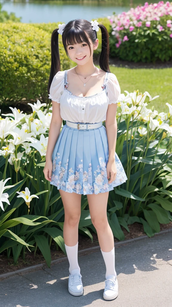 Japanese, high school girl, brown eyes, smiling face, young face, black hair, pigtails, blue ribbon hair ornament, cleavage, necklace, floral short-sleeved blouse, silver belt, floral pleated skirt, white socks, blue shoes, blue sky and white cumulonimbus clouds, standing in front of a lily flower bed, plateau scenery, lakeside, nostalgic scenery, summer scenery, refreshing feeling