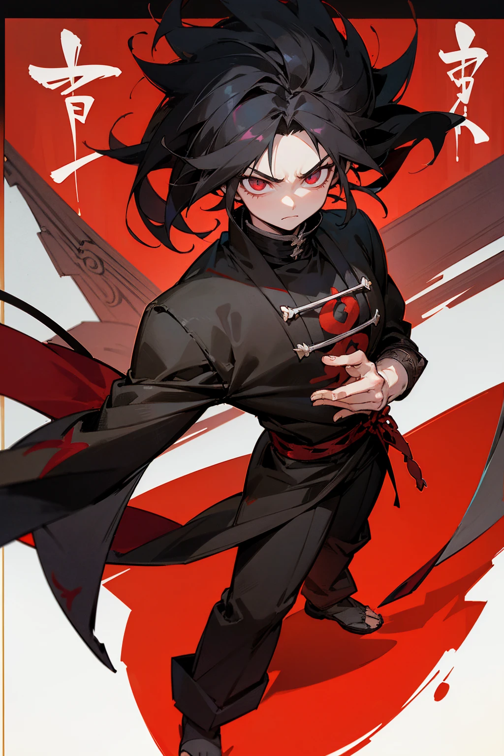 Masterpiece Quality, Perfect Generation,  Sclera, Detailed Eyes, , Red And Black Long Spiky Hair, Muscular, Black Haori, Bored Expression, , Full Body, Demon Slayer, Temple Background, Standing, Facing Viewer