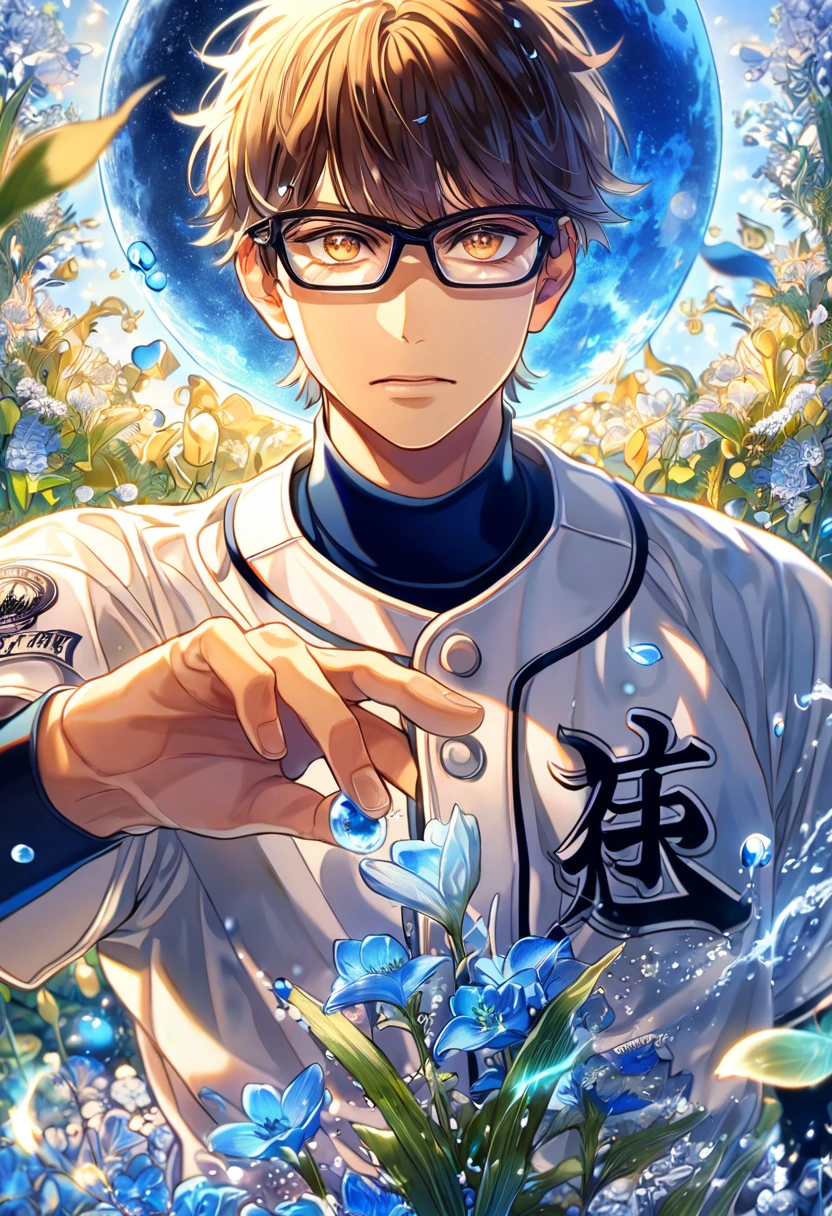 absurdres, highres, ultra detailed, HDR, master piece, Miyuki Kazuya, brown hair, expressive amber eyes, black glasses, white beisbol uniform, Diamond No Ace, man, handsome, best quality, blue moon, flowers, fantasy, magical, solo, water, blue shining fireflies, blue petals,