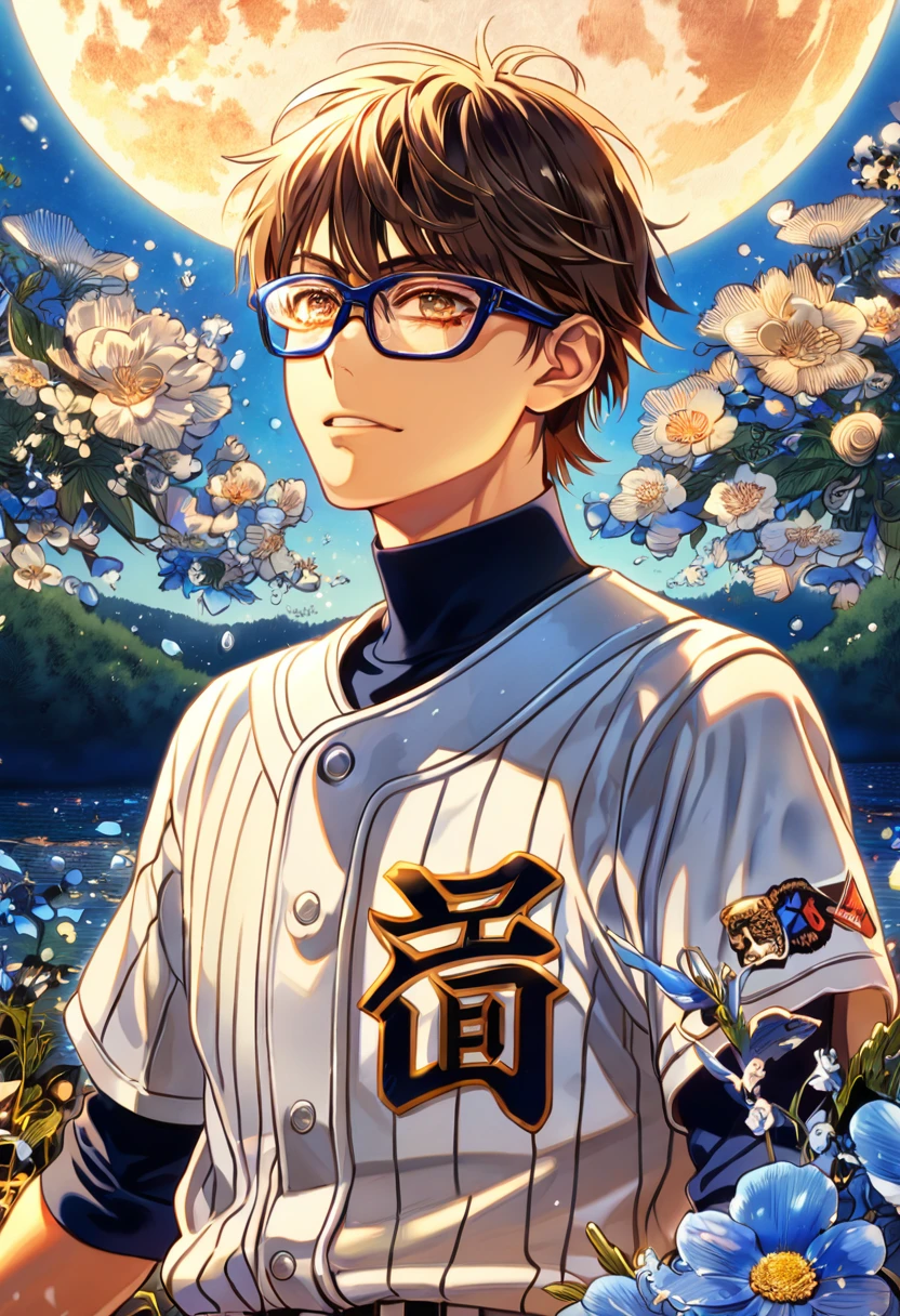 absurdres, highres, ultra detailed, HDR, master piece, Miyuki Kazuya, brown hair, expressive amber eyes, black glasses, white beisbol uniform, Diamond No Ace, man, handsome, best quality, blue moon, flowers, fantasy, magical, solo, water, blue shining fireflies, blue petals,