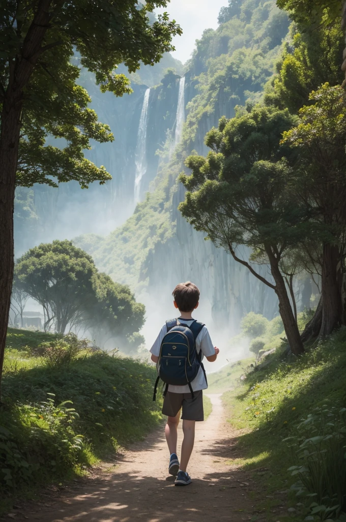 Image of an 8 year old with a backpack, exploring a magical map.