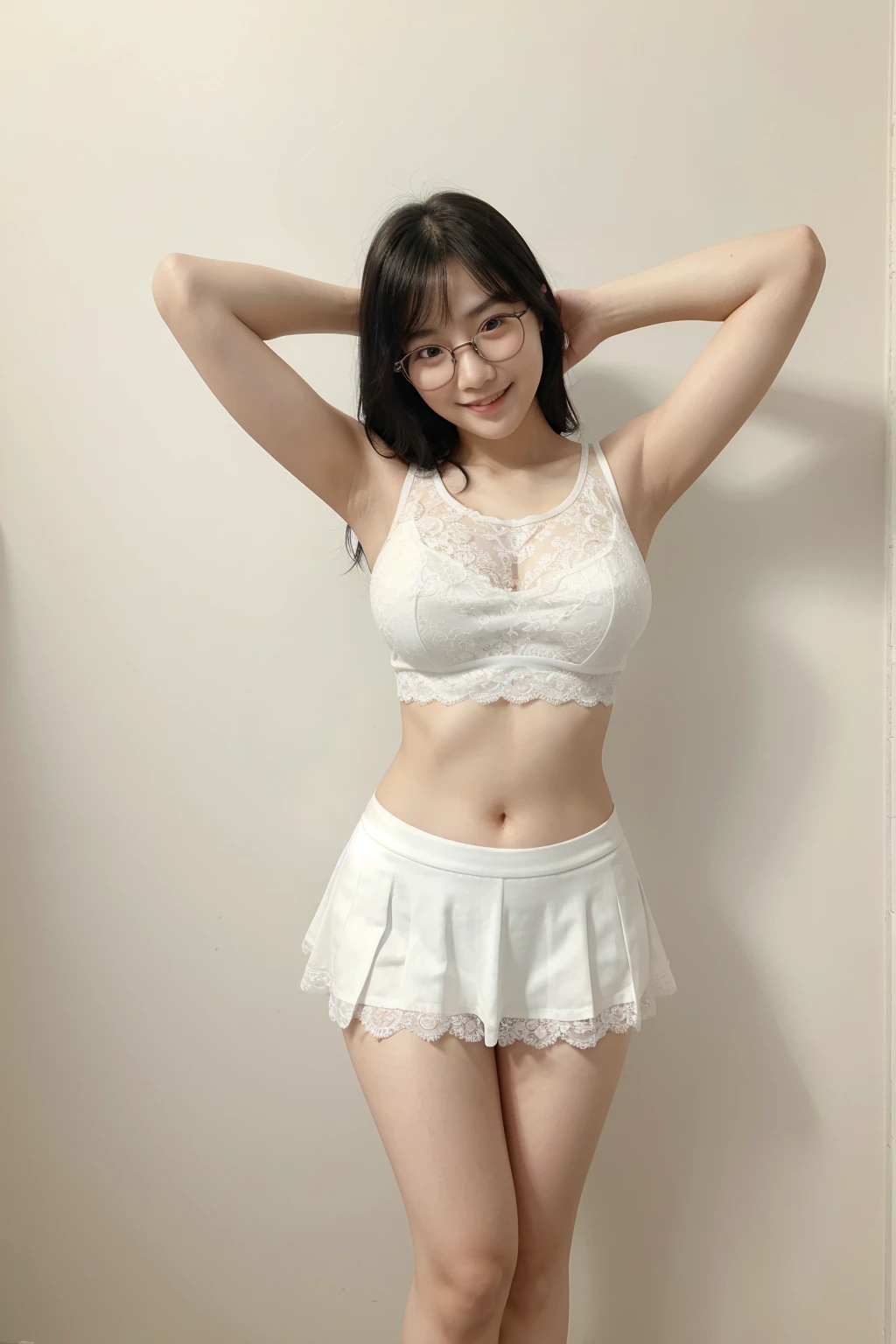 Beautiful Korean girl, fair skin, round eyes, casual glasses, medium black hair, big breasts, big smile, wide eyes, supine, legs lifted upwards, photo full body, short white skirt, white lace tank top