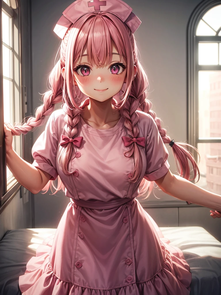 1girl, solo, long hair, breasts, looking at viewer, blush, smile, bangs, hat, dress, bow, holding, closed mouth, pink hair, braid, short sleeves, hair bow, sidelocks, indoors, pink eyes, twin braids, window, letterboxed, pink dress, nurse cap, nurse pink lips,