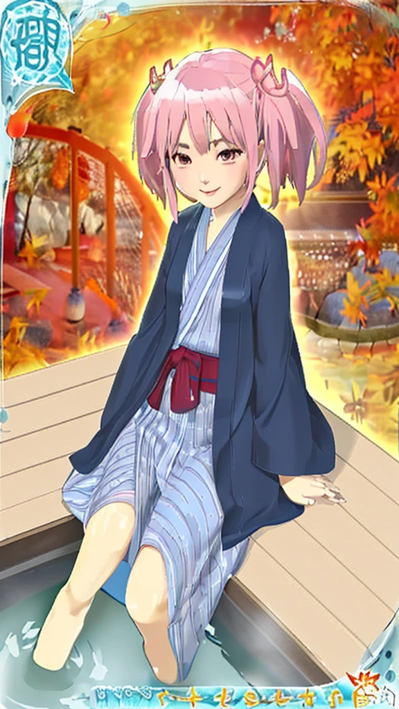 A character sitting in a foot bath with a calm expression, wearing a blue yukata with black haori and a red obi. The character has pink twin-tail hair. The background features a beautiful autumn garden with a wooden bridge and colorful maple leaves. The overall lighting is warm and cozy.