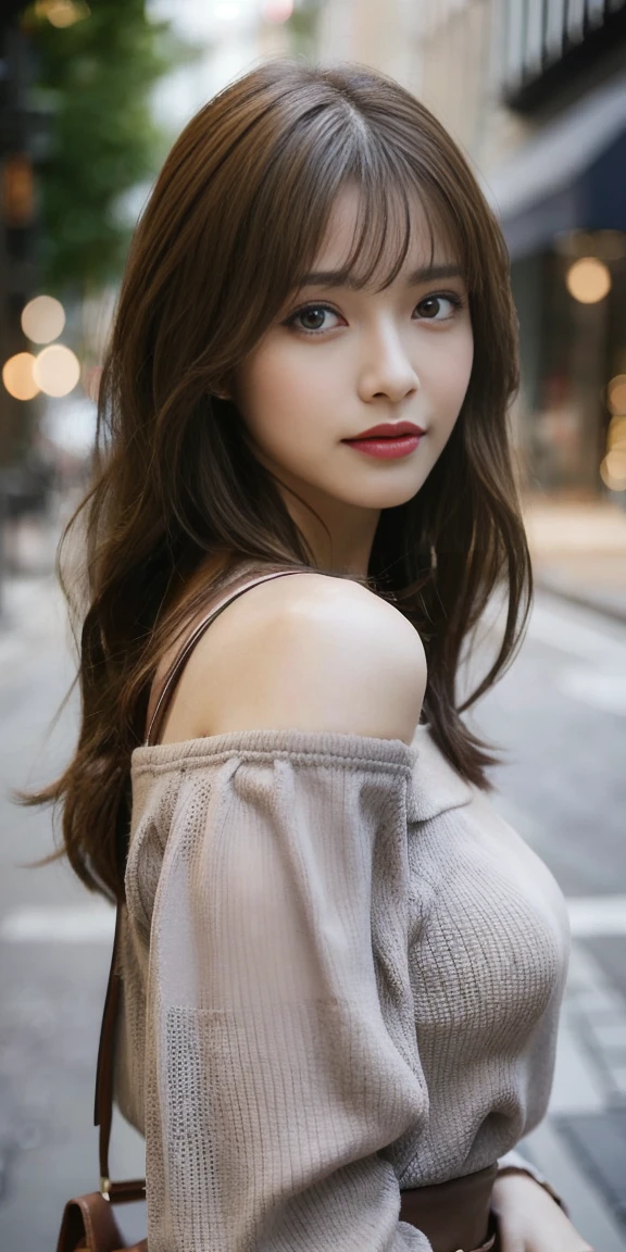 (cowboy shot), Create a portrait of a beautiful woman with medium brown hair, standing outdoors in a city. She is wearing a stylish, off-shoulder grey blouse. Captured in a long shot and blur background