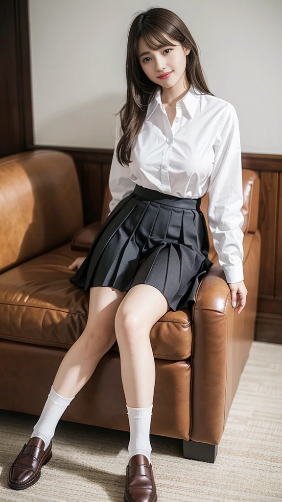 Highest quality、超A high resolution、(Photorealistic:1.5)、1 girl、(Brown Hair:1.2)、(Big Breasts:1.2)、Whole Body Ezbian、Schoolの教室、machine、Sitting in a chair、Smile、Bad Eyes、(Fascinating), ((exciting: 1.5)),Black skirt, , White panties, socks, shirt, School, Knee-length, 白のshirt, loafers, Lively, Pleated skirt, Look to the side, Brown footwear, masterpiece,