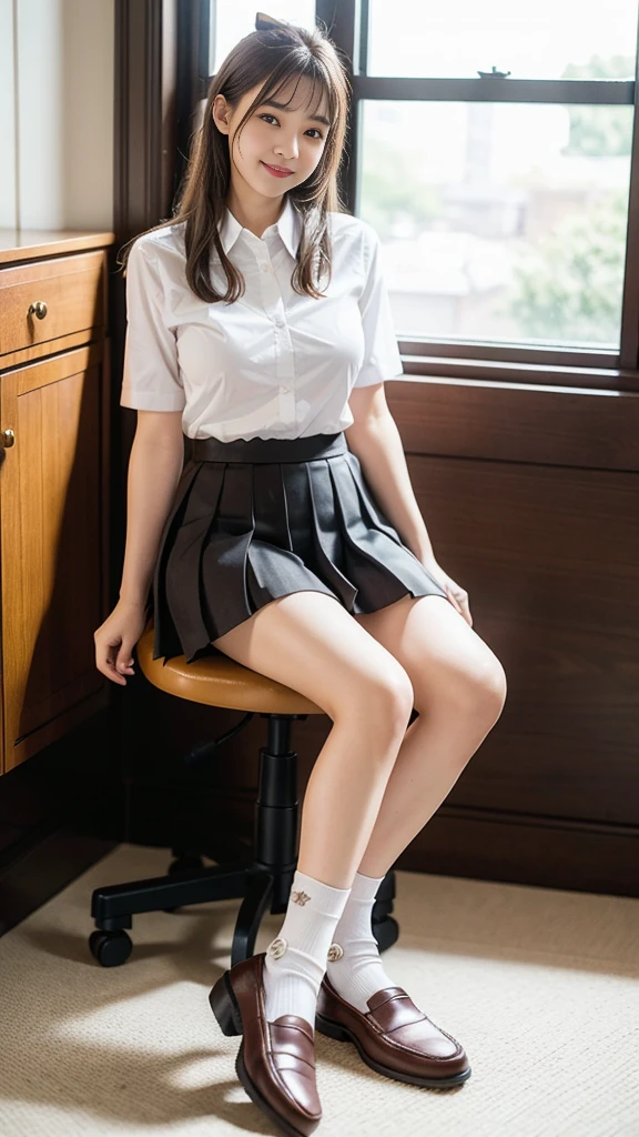 Highest quality、超A high resolution、(Photorealistic:1.5)、1 girl、(Brown Hair:1.2)、Shortcuts、Sticking out one ear、Bob、(Big Breasts:1.2)、Whole Body Ezbian、Smile、Bad Eyes、Panty shot, Spread your legs, Skirt, , White panties, socks, shirt, School, Knee-length, 白のshirt, loafers, Lively, 黒いsocks,  Pleated skirt, bow, Headrest, Look to the side, Brown footwear, masterpiece, Highest quality, Ultra-detailed、(((Panty shot)))、(((Spread your legs)))、Inviting eyes(Fascinating), ((exciting: 1.5)),
