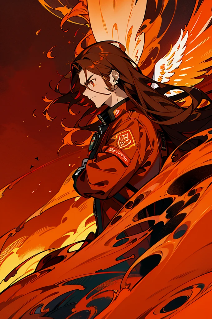 High-quality digital painting of a young man with long brown hair and piercing orange eyes, adorned in civilian attire, controlling vibrant flames with a pair of enormous crimson wings sprouting from his back, intense and powerful, detailed hair and facial features without facial hair and without fire or accessories on the face looking forward, fiery and majestic, fantasy, vibrant color palette, dramatic lighting