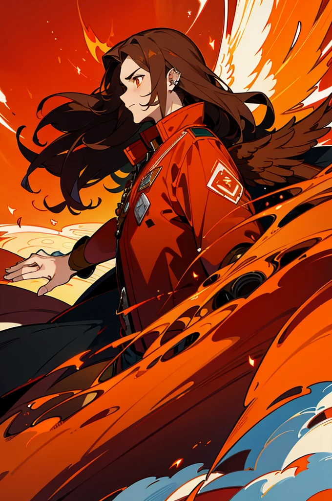 High-quality digital painting of a young man with long brown hair and piercing orange eyes, adorned in civilian attire, controlling vibrant flames with a pair of enormous crimson wings sprouting from his back, intense and powerful, detailed hair and facial features without facial hair and without fire or accessories on the face looking forward, fiery and majestic, fantasy, vibrant color palette, dramatic lighting