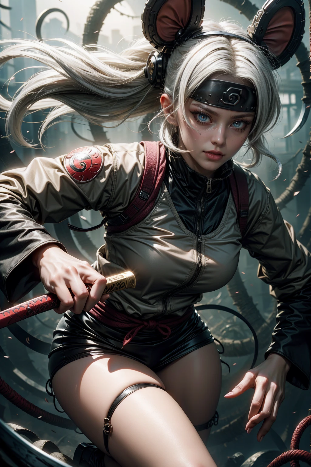 Sexy ninja girl in white clothes, White hair, blue details, blue setting with mouse ears, with a katana, and naruto jutsu hand sign