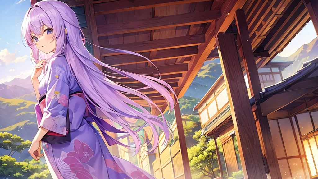 woman　clear　Light purple hair　　kimono　　Anime Style　　Mountain village
