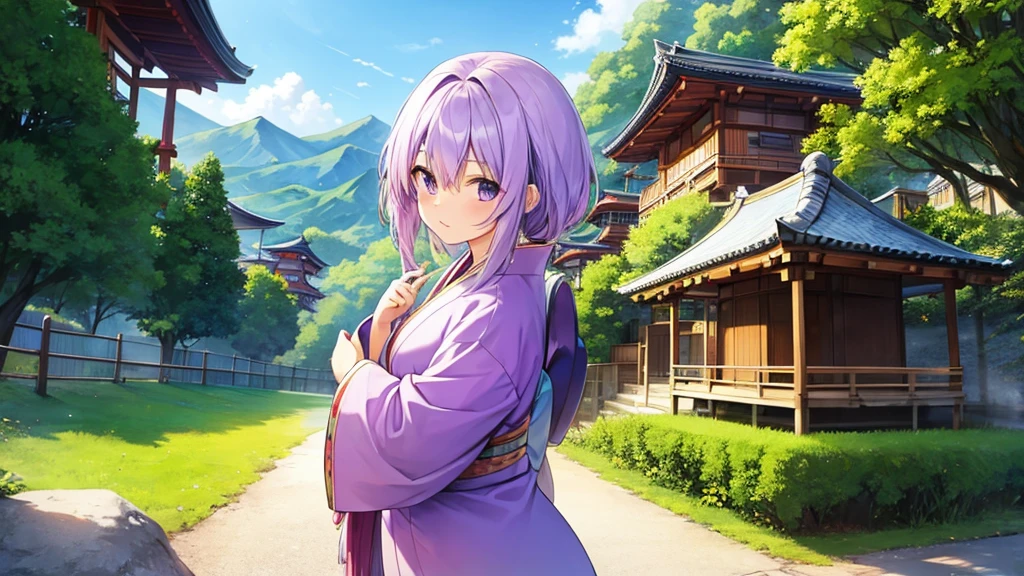 woman　clear　Light purple hair　　kimono　　Anime Style　　Mountain village
