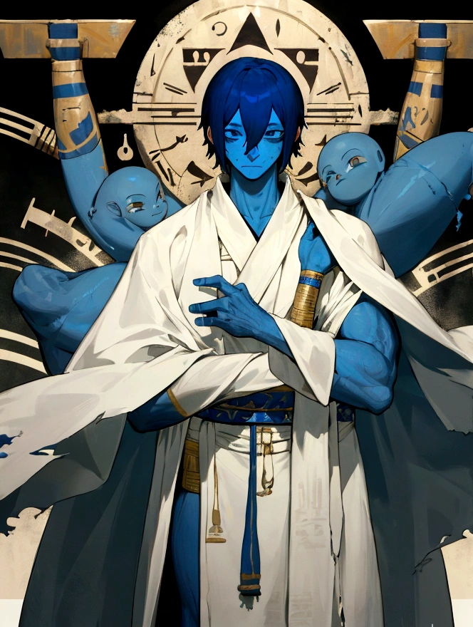 full-length, guy, blue skin, short hair, white robe, torn robe, hieroglyphs on the robe, empty eyes, hands without hands