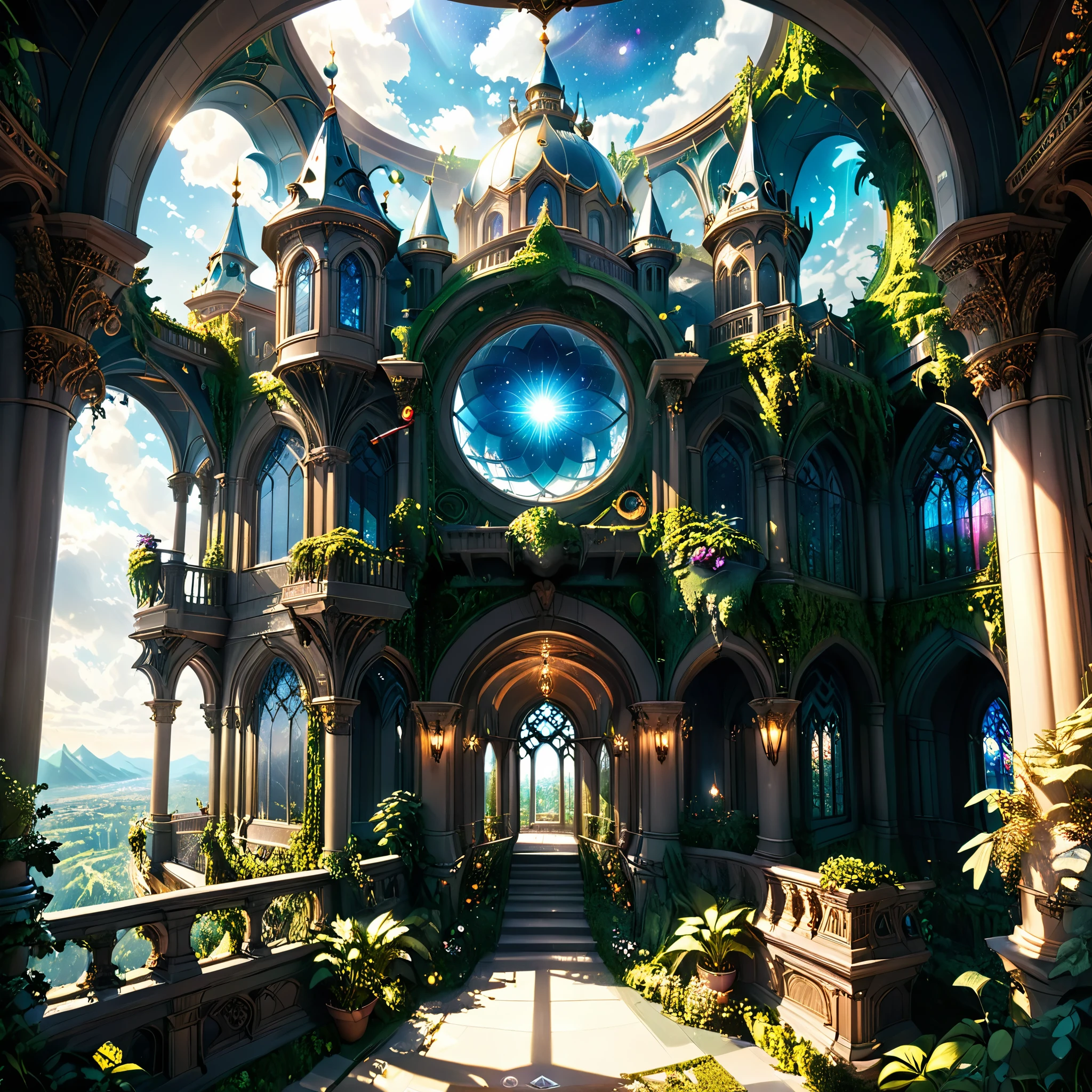 a magnificent floating royal castle in the sky, a huge astronomical telescope on the balcony, ornate architecture, highly detailed, intricate carvings and decorations, glowing crystals, sunlight streaming through stained glass windows, overflowing gardens, lush greenery, (best quality,4k,8k,highres,masterpiece:1.2),ultra-detailed,(realistic,photorealistic,photo-realistic:1.37),detailed lighting, dramatic shadows, vibrant colors, fantasy, digital art, concept art