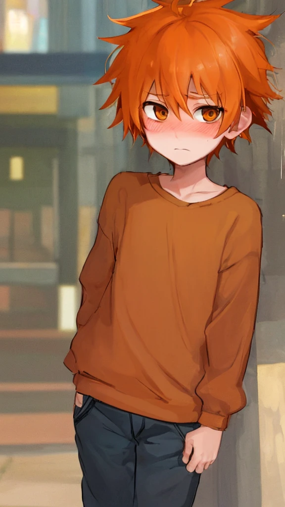 A boy with a female body,brown eyes,orange hair,shy,blushing
