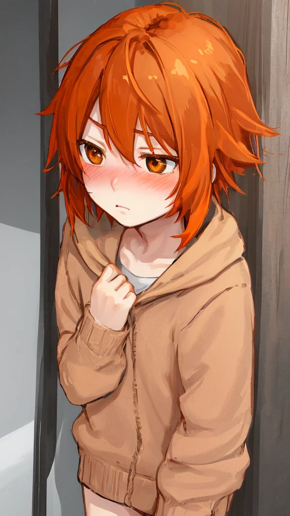 A boy with a female body,brown eyes,orange hair,shy,blushing