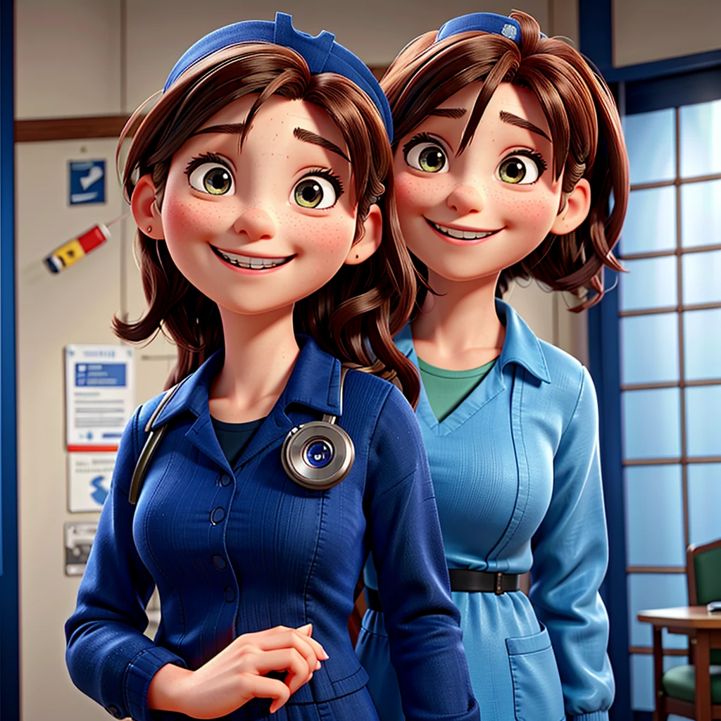 masterpiece, 最high quality, Ultra-high resolution, (Realistic:1.4), Beautiful face in every detail, High Quality Clothing, Amazing European Women, very cute, Portraiture, Soft skin and perfect face、Perfect Face, Shoot your hair, 8K resolution,Super Realistic,Very detailed,high quality, A broad perspective、((A nurse wearing a navy blue scrub))、((A big smile:1.3))、((Small breasts))、Nurse talking to patient