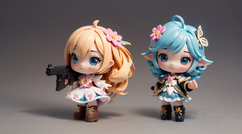 Octane Render、(Hyper-detailing: 1.15)、cinematic lightening、Cute Fantasy Princess、Handgun shooting practice、Fine Pattern Pistol,long boots、ultradetailed eyes、Full Paint、(Floral hair ornament、butterfly hair ornament)、masutepiece、Anatomically correct、blur、depth of fields