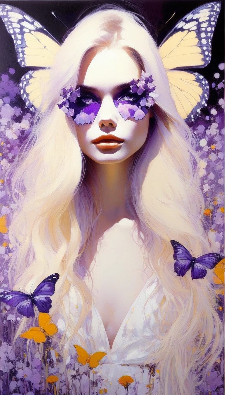 butterfly style, white hell, flower, floral print, butterfly, long hair, blonde hair, floral dress, bow, masterpiece, best quality, purple eyes, (art inspired by Bill Sienkiewicz). oil painting)
