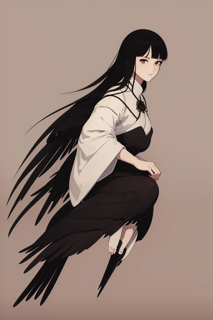 Highest quality,masterpiece,Ultra-high resolution,1 Girl,Looking at the audience,One,Takato Yamamoto style, simple background,white_background,Crow,Camellia,Cold-blooded girl