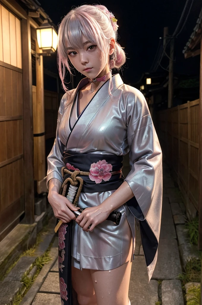 (Highest quality:1.2),32k HDR,High resolution,Perfect Anatomy,Wet and shiny white skin,Sweat dripping down my body,Slender model figure,Ahegao,Silver and pink hair,soaked through,Super small face,Collar and leash,Alley,Edo Town,photo shoot,Maid,((Japanese sword)),tattoo,((whole bodyにタトゥー)),(Arms covered in tattoos),((Collar with leash)),(Lockに繋がれた少女),Women in ecstasy,climax,Acme,Detailed skin texture, Detailed face, Fine grain,((whole body)),((艶やかなkimono)),(((nightの町))),((darkness)),((頭からfootまで)),((Lock帷子)),(((Lock))),(foot),(((Wrapped in a cloth))),((Thick-soled boots)),((大きなJapanese swordを構える)),(((Japanese swordを構える)),((kimono)),((Are standing)),((Wrap a cloth around your chest)),(((巨大なJapanese sword))),((Wear a black belt around your waist)),((花柄のkimono)),((Thin fabric)),((身長と同じくらいの大きさのJapanese swordを振りかぶる)),((night)),((Dim light)),