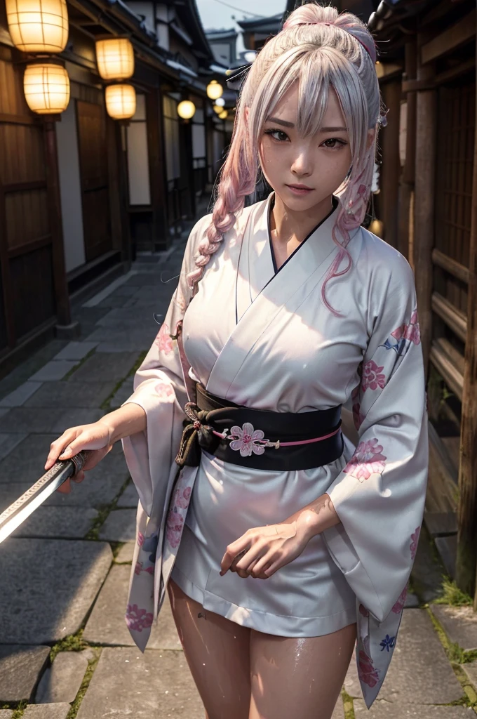 (Highest quality:1.2),32k HDR,High resolution,Perfect Anatomy,Wet and shiny white skin,Sweat dripping down my body,Slender model figure,Ahegao,Silver and pink hair,soaked through,Super small face,Collar and leash,Alley,Edo Town,photo shoot,Maid,((Japanese sword)),tattoo,((whole bodyにタトゥー)),(Arms covered in tattoos),((Collar with leash)),(Lockに繋がれた少女),Women in ecstasy,climax,Acme,Detailed skin texture, Detailed face, Fine grain,((whole body)),((艶やかなkimono)),(((nightの町))),((darkness)),((頭からfootまで)),((Lock帷子)),(((Lock))),(foot),(((Wrapped in a cloth))),((Thick-soled boots)),((大きなJapanese swordを構える)),(((Japanese swordを構える)),((kimono)),((Are standing)),((Wrap a cloth around your chest)),(((巨大なJapanese sword))),((Wear a black belt around your waist)),((花柄のkimono)),((Thin fabric)),((身長と同じくらいの大きさのJapanese swordを振りかぶる)),((night)),((Dim light)),