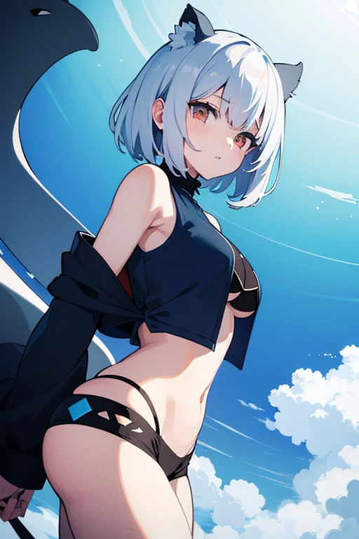 (white short hair)(red eye)(Eyes without highlights)(In the sky)(midnight)(Gloomy environment)(Eyes emit blue U-light)(Riding a big dark blue monster whale in the sky)(whole body)4K