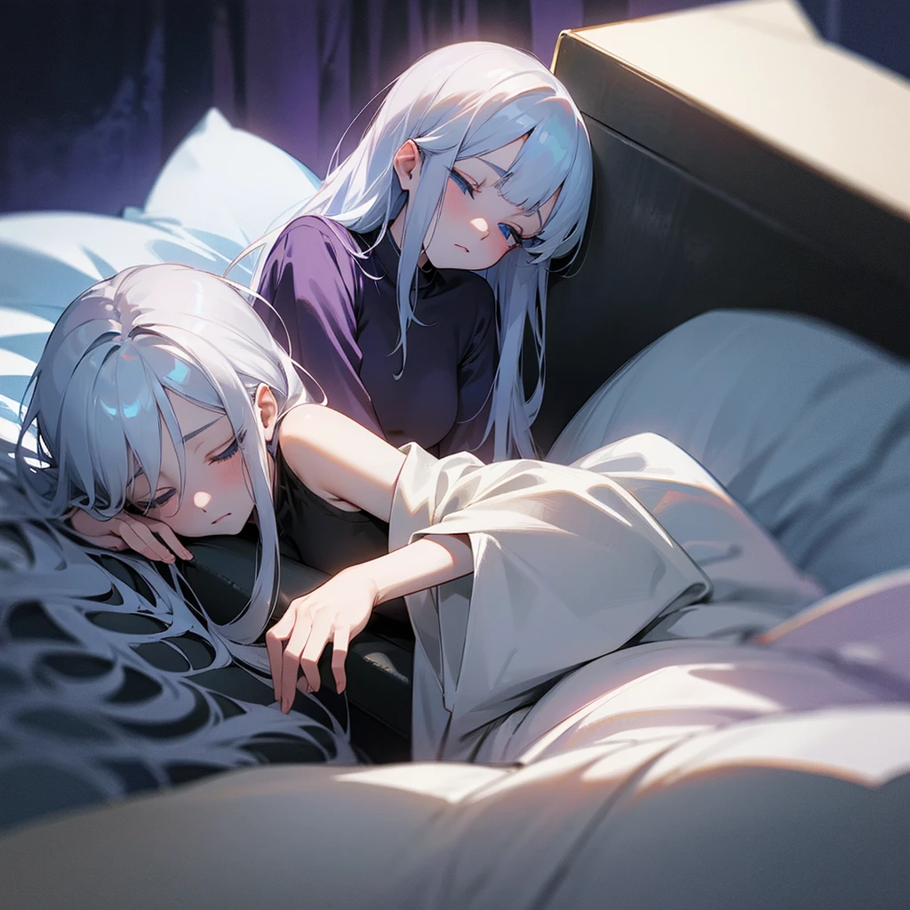 your character, belonging to the Boku no Hero universe, is lying on a soft surface, probably a bed or a sofa, with a posture that denotes tranquility and a pinch of melancholy. His body is slightly tilted to his left side, allowing her long silver hair to spread in soft waves around her head. Soft, violet lighting bathes the scene, highlighting the pale tone of her skin and creating an ethereal contrast with her silver hair.His eyes are half closed, with a distant, thoughtful look that suggests she is deep in thought. Her long eyelashes cast delicate shadows on her cheeks.. She rests her head on her left arm., which is bent at a comfortable angle under your head, serving as a kind of makeshift pillow. His left hand is relaxed, fingers slightly curved.Your character's right hand is extended forward, resting gently on the surface it is on. His fingers are slightly apart, as if she was delicately touching something invisible in front of her. Violet light creates a soft glow around your figure, highlighting the details of her serene face and the locks of her hair.His facial expression is serene, with a slight sadness that adds depth to its ethereal beauty. The violet highlights in her hair and skin give her an almost supernatural air., as if it belonged to a world between reality and fantasy. The stillness of the scene conveys a feeling of peace and reflection, inviting the viewer to immerse themselves in the thoughts and emotions of your character.