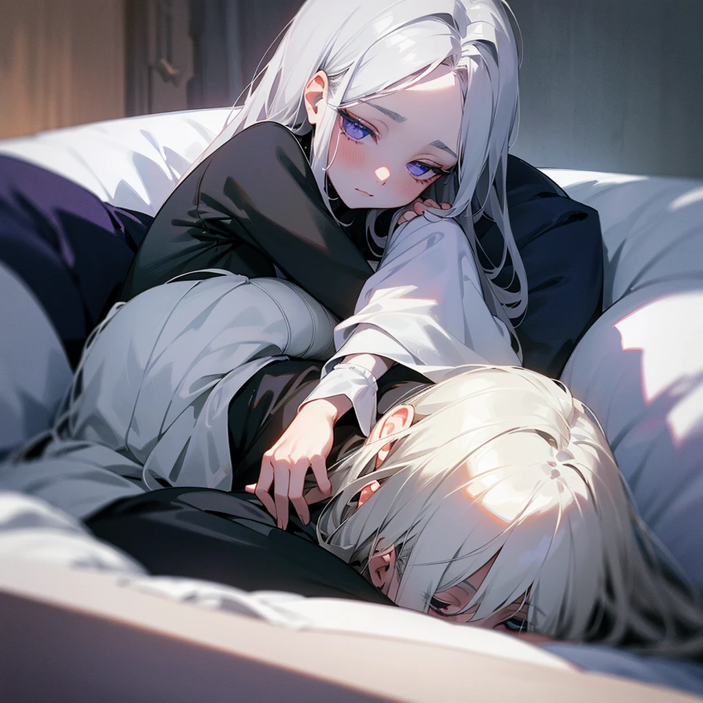 your character, belonging to the Boku no Hero universe, is lying on a soft surface, probably a bed or a sofa, with a posture that denotes tranquility and a of melancholy. His body is slightly tilted to his left side, allowing her long silver hair to spread in soft waves around her head. Soft, violet lighting bathes the scene, highlighting the pale tone of her skin and creating an ethereal contrast with her silver hair.His eyes are half closed, with a distant, thoughtful look that suggests she is deep in thought. Her long eyelashes cast delicate shadows on her cheeks.. She rests her head on her left arm., which is bent at a comfortable angle under your head, serving as a kind of makeshift pillow. His left hand is relaxed, fingers slightly curved.Your character's right hand is extended forward, resting gently on the surface it is on. His fingers are slightly apart, as if she was delicately touching something invisible in front of her. Violet light creates a soft glow around your figure, highlighting the details of her serene face and the locks of her hair.His facial expression is serene, with a slight sadness that adds depth to its ethereal beauty. The violet highlights in her hair and skin give her an almost supernatural air., as if it belonged to a world between reality and fantasy. The stillness of the scene conveys a feeling of peace and reflection, inviting the viewer to immerse themselves in the thoughts and emotions of your character.