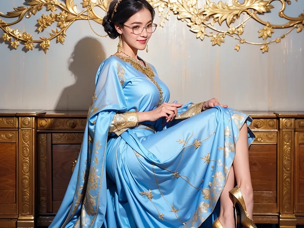 (8k, best quality, masterpiece, looks all detailed), highly detailed, detailed face, masterpiece, realistic lighting, masterpiece, best quality, masterpiece, official artwork, highly detailed 8k unity CG wallpaper, Indonesian teenage girl of Javanese descent, wearing light blue silk fabric hijab with gold pattern, elegant and beautiful, full of charm, smiling sweetly and happily, wearing glasses, wearing empire waist shift dress long skirt with light blue pleats with gold embroidery, big , wearing white high heel shoes, slim and tall body, stylish facing front, room background.