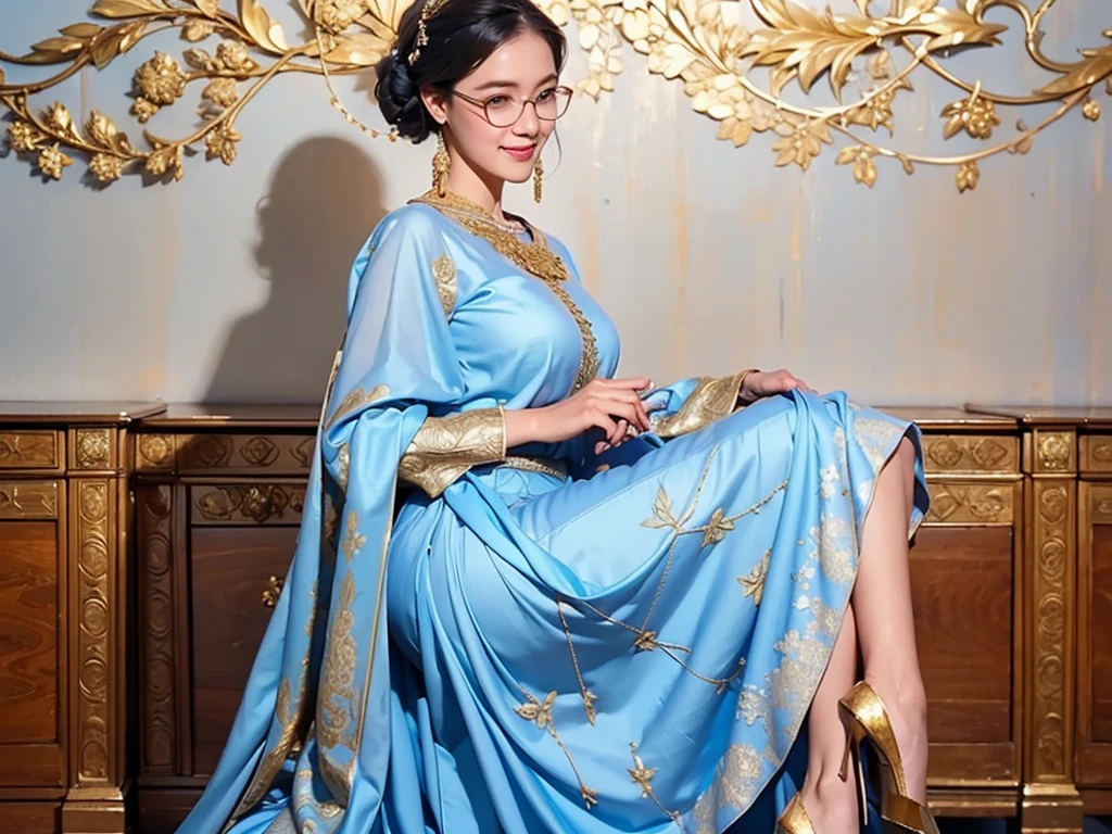 (8k, best quality, masterpiece, looks all detailed), highly detailed, detailed face, masterpiece, realistic lighting, masterpiece, best quality, masterpiece, official artwork, highly detailed 8k unity CG wallpaper, Indonesian age girl of Javanese descent, wearing light blue silk fabric hijab with gold pattern, elegant and beautiful, full of charm, smiling sweetly and happily, wearing glasses, wearing empire waist shift dress long skirt with light blue pleats with gold embroidery, big , wearing white high heel shoes, slim and tall body, stylish facing front, room background.
