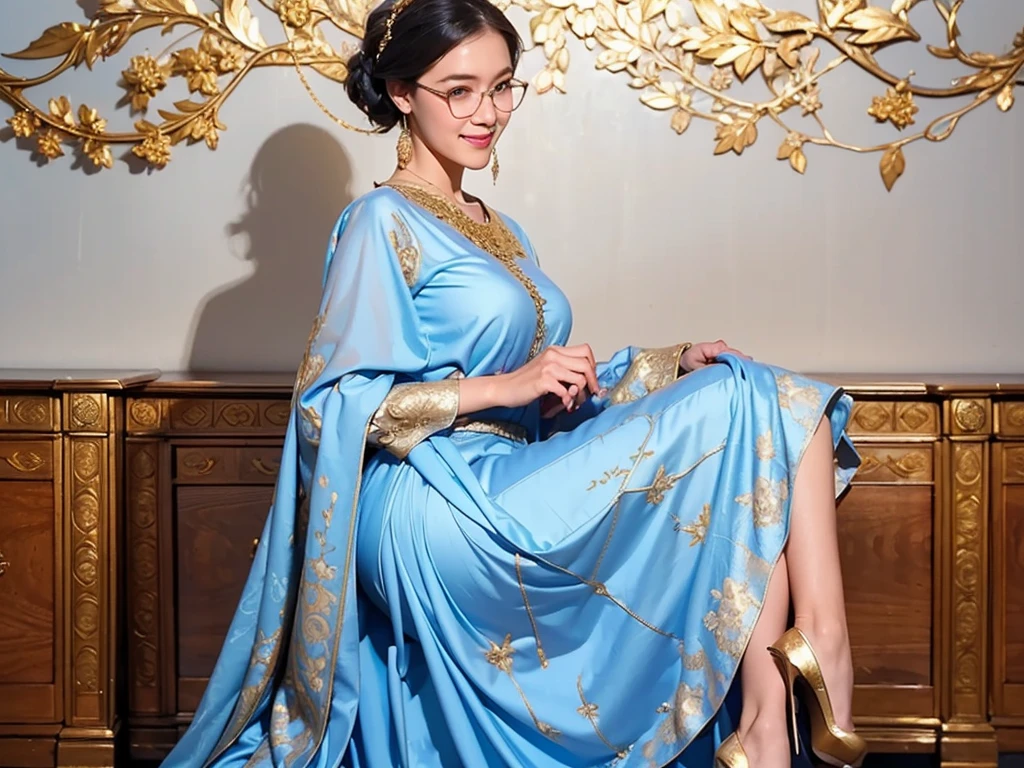 (8k, best quality, masterpiece, looks all detailed), highly detailed, detailed face, masterpiece, realistic lighting, masterpiece, best quality, masterpiece, official artwork, highly detailed 8k unity CG wallpaper, Indonesian teenage girl of Javanese descent, wearing light blue silk fabric hijab with gold pattern, elegant and beautiful, full of charm, smiling sweetly and happily, wearing glasses, wearing empire waist shift dress long skirt with light blue pleats with gold embroidery, big , wearing white high heel shoes, slim and tall body, stylish facing front, room background.