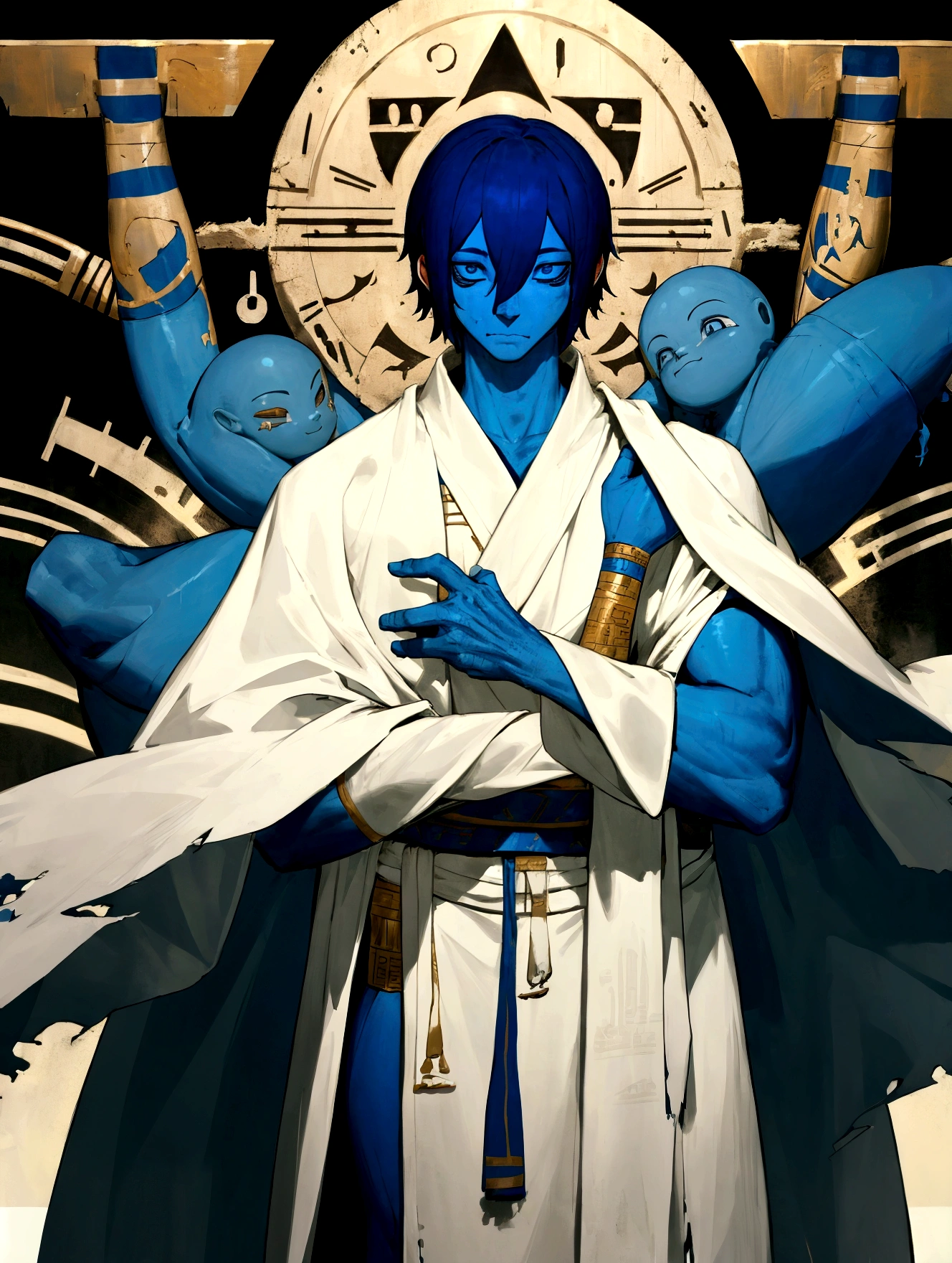 full-length, guy, blue skin, short hair, white robe, torn robe, hieroglyphs on the robe, empty eyes, hands without hands